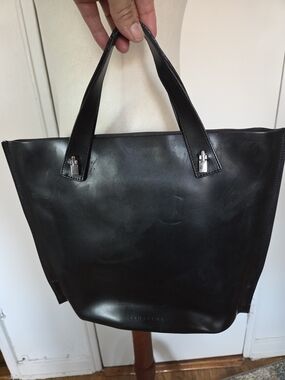 Black Leather Tote Bag with Silver Hardware